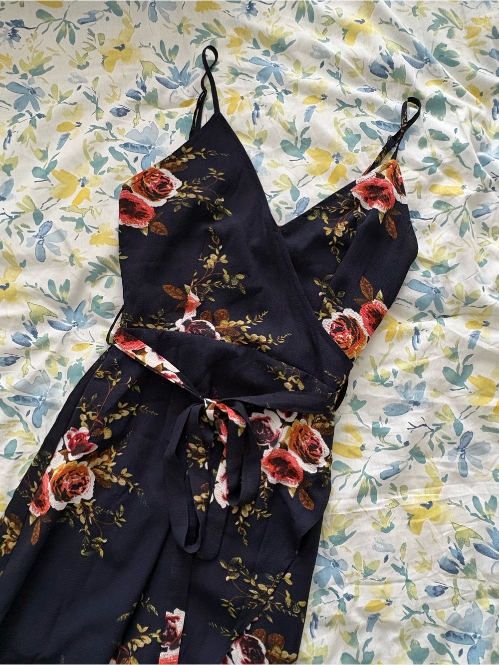 Floral Wrap-Front Navy Spaghetti Strap Dress